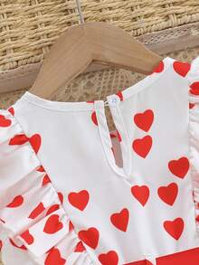 SHEIN Girls' Cute Heart Print Ruffle Hem Dress With Round Neck And Flutter Sleeves , Comes With Red Belt, Suitable For Spring/Autumn And Valentine's Day - Red and White - View 6