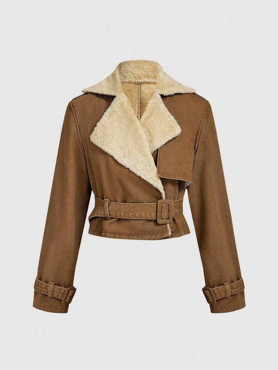 Sweetra Women's Autumn/Winter Denim Jacket With Thermal Lined, Lapel NeckLong Sleeve, Waist Buckle Design, Casual - Brown - View 1