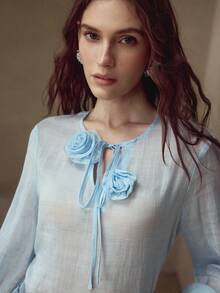 MOTF PREMIUM LINEN SOLID STEREO FLOWER TIE NECK LANTERN SLEEVE BLOUSE