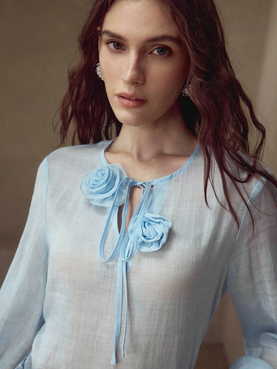 MOTF PREMIUM LINEN SOLID STEREO FLOWER TIE NECK LANTERN SLEEVE BLOUSE