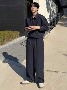 DAZY 纹理面料藏蓝色男士短袖衬衫套装，秋季 - 藏蓝色 - 查看 8