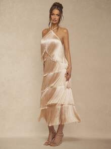 Silquee Đầm hở lưng màu trơn tua rua dây mảnh thời trang thanh lịch không tay hở lưng - Màu be - Xem 6