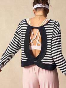 VARSIVA Women's Loose Black And White Stripe Long Sleeve T-Shirt,Open Back Athleisure Gym Top For Summer,Yoga Workout Cover Up,Casual Beach Holiday Daily Wear - Multicolor - View 6