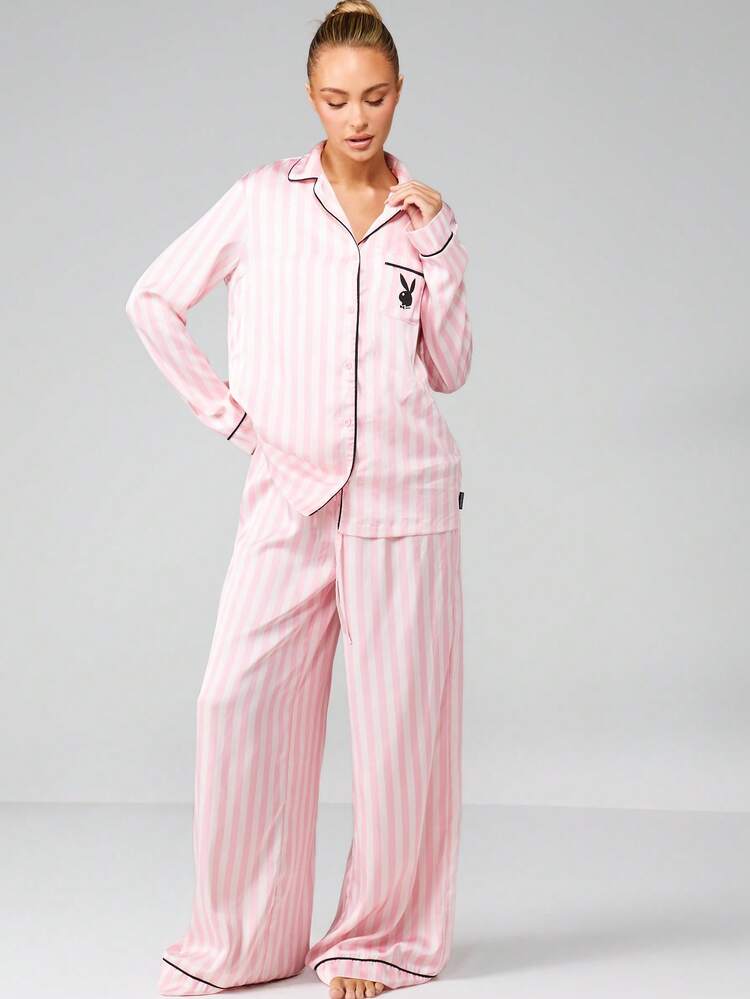 Missguided x Playboy Christmas Striped Button Down Shirt And Wide Leg Trouser Pajama Set With Collar Long Sleeve Loungewear Sleepwear Nightwear Comfortable Soft Oversized Relaxed Fit
