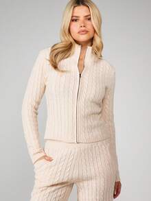 MISSGUIDED Cable Knit Zip Front Cardigan With High Neck Long Sleeve Fitted Sweater For Fall Winter - Apricot - View 1
