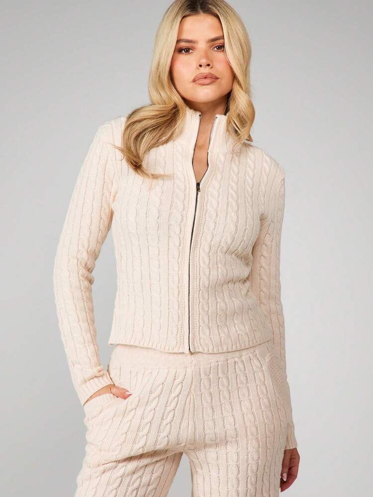 MISSGUIDED Cable Knit Zip Front Cardigan With High Neck Long Sleeve Fitted Sweater For Fall Winter