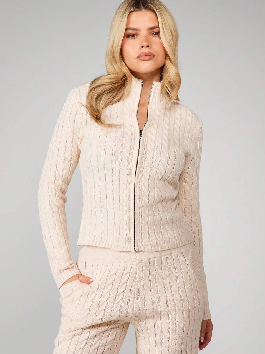 MISSGUIDED Cable Knit Zip Front Cardigan With High Neck Long Sleeve Fitted Sweater For Fall Winter - Apricot - View 1