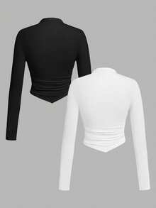 Tseoso Bộ 2 áo thun tay dài cổ giả viền bất đối xứng, Thu/Đông, 95% cotton, Gợi cảm, Thanh lịch, Phong cách Old Money, Phong cách New Money, Dáng ôm vừa vặn, Cổ điển, Nữ tính, Trang phục thường ngày, Trở lại trường, Mùa thu dành cho nữ - Nhiều màu - Xem 2