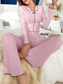 1 Set Women's Solid Color Brushed V-Neck Slim Fit Long Sleeve Lounge Set, Winter Clothes - Baby Pink - View 4