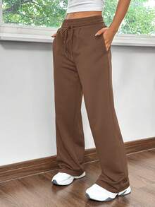 SHEIN EZwear 棕色直筒宽松针织休闲运动裤 - 棕色 - 查看 5