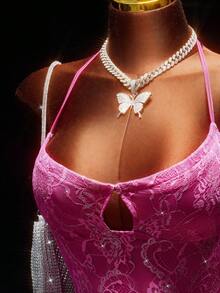 Amplova Valentine's Day & New Year Party Style Low-Cut Sequin Lace Fuchsia A-Line Mini Dress For Women Pink - Hot Pink - View 6