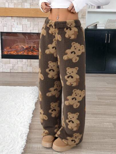 Tween Girl Tween Girl Casual Cartoon Bear Pattern Teddy Fleece Long Pants, Autumn/Winter