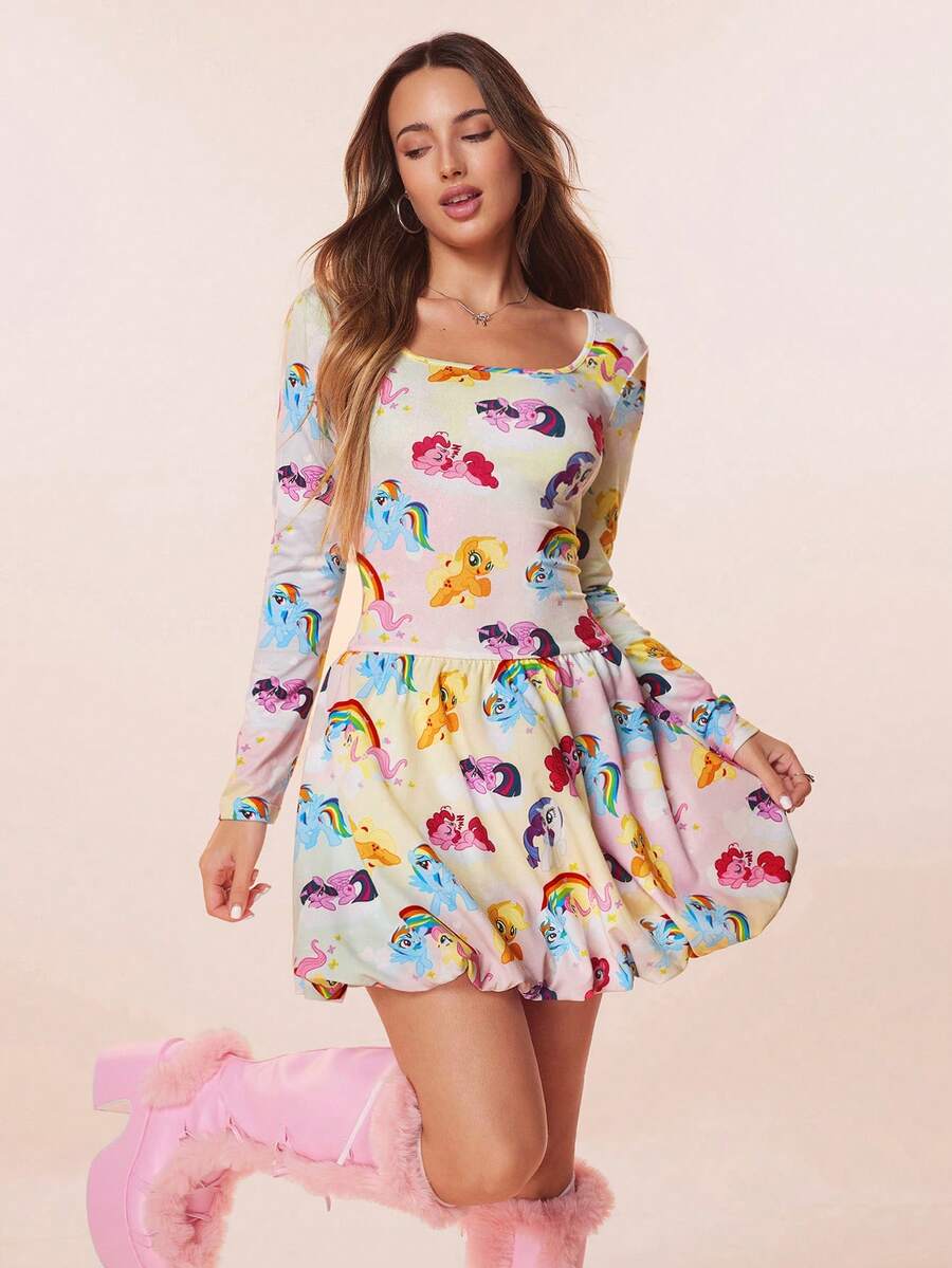 My Little Pony X SHEIN 女士卡通彩虹印花渐变方领泡泡下摆短裙 - 彩色 - 查看 1