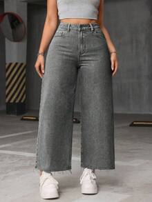 SHEIN ICON Quần jean ống rộng viền tua rua thường ngày cỡ lớn cho nữ - Màu Xám nhạt - Xem 1