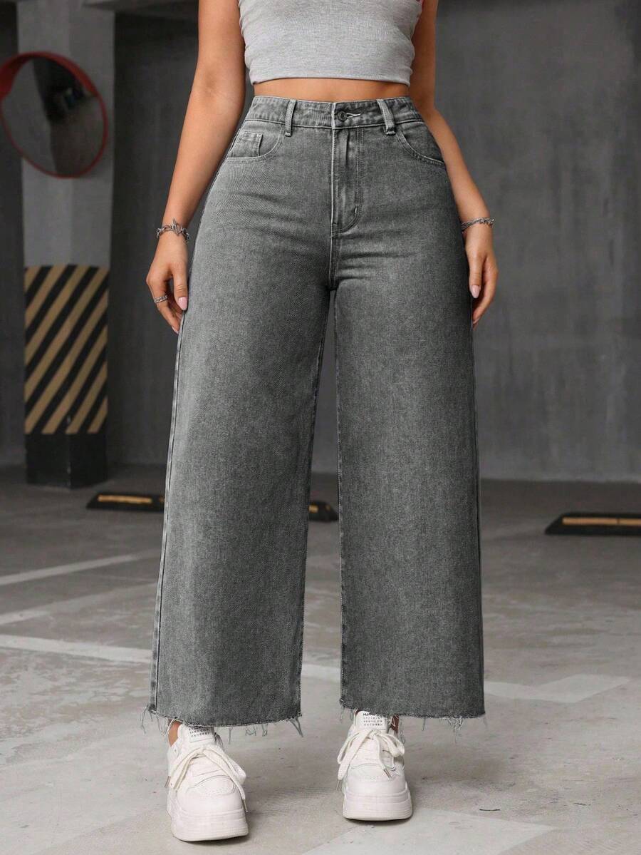 SHEIN ICON Quần jean ống rộng viền tua rua thường ngày cỡ lớn cho nữ - Màu Xám nhạt - Xem 1