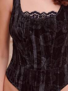 lacRébo Elegant Black Floral Velvet Bodysuit With Square Neckline And Lace Trim Spring Spring Going Out Outfits - Black - View 5