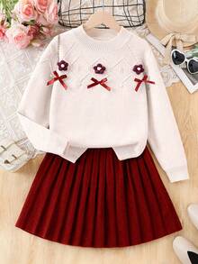 New Fashionable Versatile Cute Floral Bow Girls Sweater Set Knit Sweater Skirt Set Matching Clothes For Girls Girls Autumn Clothes Girls School Clothes Sets Girls Sweater Skirt Set Girls Knit Sweater Tween Matching Set Knit Skirt Two Piece Set Girls Girls Knit Two Piece Set Teen Girl Skirts Set  Girl Knit Set Girls Sweater Skirt Set Girl Clothes Autumn And Winter Clothes Tween Matching Set Knit Girls Knit Sweater Skirt - Burgundy - View 2