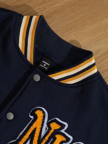 Manfinity Campus Court 男士纯色拼布前扣字母印花休闲棒球夹克，外出街头穿着长袖狂野拼色夹克，适合朋友、丈夫、男朋友的礼物，适合秋季