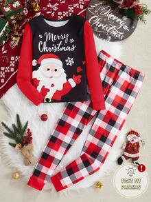 Boys' Christmas Santa Claus & Plaid Pattern Snug Fit Raglan Sleeve Pajama Set - Red - View 1
