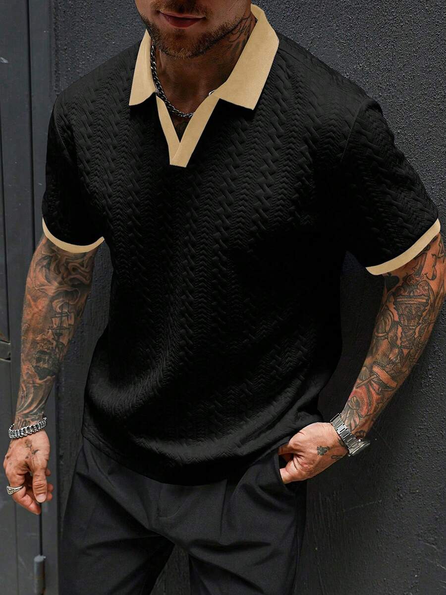 Manfinity CasualCool Áo thun polo tay ngắn màu tương phản dành cho nam đi làm thường ngày - màu đen - Xem 1