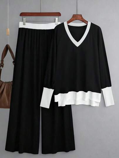 Franclia 女性カジュアルファッション ミニマリスト 多用途 ルーズリブストレートパンツ&Vネックルーズトップコントラストトリム スリットヘム 2ピースセット