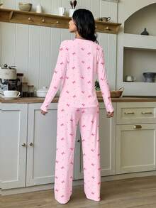 2件套少女波点蝴蝶结印花休闲宽松圆领长袖T恤和长裤睡衣套装，适合所有季节居家穿着，浅粉色 - 彩色 - 查看 2