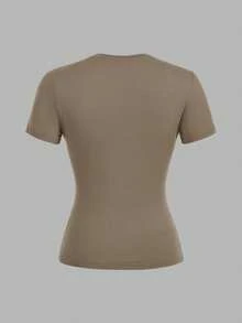 SHEIN EZwear 3件套女士圆领休闲修身长袖T恤套装，黑色和卡其棕色 - 彩色 - 查看 10