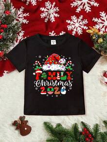 SHEIN Tricou de Crăciun cu mânecă scurtă, grafică cu desene animate și om de zăpadă, casual, cu guler rotund, confortabil și călduros, potrivit pentru toamnă/iarnă, stil stradal, casă, petrecere - Negru - Vizualizare 2
