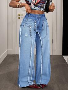 Slaydiva Women's High Waist Button Design Distressed Frayed Hem Wide Leg Casual Jeans - Blue - View 5