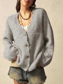 Bohemela 波西米亚风秋冬外套，女士圣诞复古宽松纯色灰色蕾丝前开襟纽扣休闲针织超大号毛绒开衫，西部乡村风格音乐会度假风，适合度假、日常穿着、返校、外出、圣诞节、新年等场合。 - 淺灰色 - 查看 5