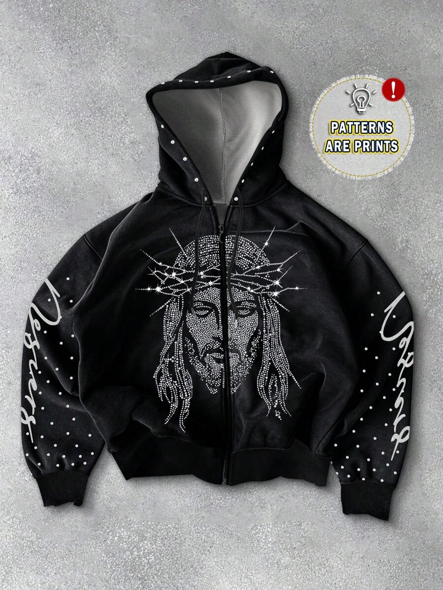 PAVTROS Manfinity Streetrush Men's Minimalist Printed Rhinestone Decor Fashion Long Sleeve Sweatshirt, 2000s Style, Fall