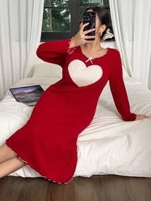 SHEIN Plus Size Lovely Heart Contrast Color Knit Nightgown, Winter - Burgundy - View 3