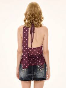 ROMWE Avant Women's Retro Chiffon Ruffle Trim Contrast Polka Dot Sheer Sexy Halter Neck Camisole - Rust Brown - View 3