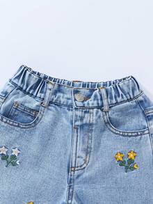 SHEIN Explorewe 少女时尚雪花水洗花卉刺绣阔腿牛仔裤，Y2K 阔腿牛仔裤，宽松牛仔裤，休闲牛仔裤，2026 新款美学青春牛仔裤，2026 新款上市，浅色水洗牛仔布搭配花卉刺绣，休闲直筒裤，适合度假、日常出行、上学、聚会、圣诞节等各种场合。花卉刺绣休闲阔腿破洞水洗牛仔裤，适合春、夏、秋、冬四季穿着。 - 藍色 - 查看 5