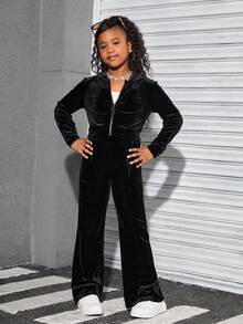 SHEIN Bộ quần áo nỉ nhung và áo nỉ cho bé gái tuổi teen, đồ thể thao thường ngày - màu đen - Xem 5