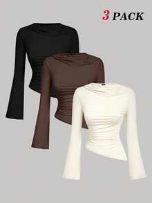 SHEIN MOD Set da 3 magliette versatili color albicocca con scollo a ciambella, maniche a sbuffo arricciato, vita raccolta e orlo asimmetrico
