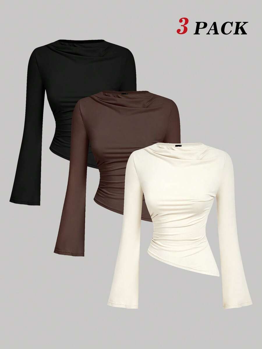 SHEIN MOD Set da 3 magliette versatili color albicocca con scollo a ciambella, maniche a sbuffo arricciato, vita raccolta e orlo asimmetrico