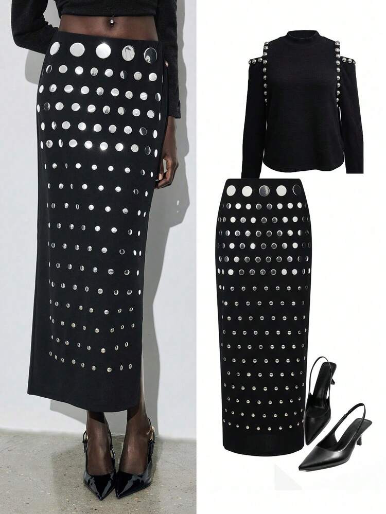 SHEIN Maija Women's Studded Black Straight Skirt, Elegant Fashion For Party Occasions,Minimalist Design, Spring, Christmas, New Year, Thanksgiving,Modern City, Fashion, Summer, Beach Summer Holiday Beach Vacation Summer Going Out Graduation