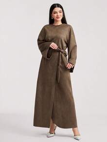 Veilorie Women's Elegant Commuter Solid Color Bell Sleeve Top With Tie-Waist Wrap Skirt 2-Piece Set - Brown - View 2