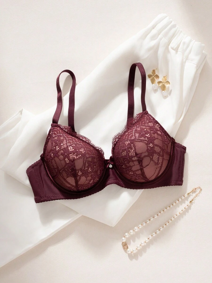 1pc Sexy Lace Simple Gather Small Bust Enhancing Underwire Bra - Multicolor - View 1