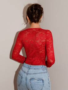 Glamine Women's Fashionable Elegant Sweetheart Collar Lace Long Sleeve Bodysuit Red Mesh Top Red Tops Women Sexy Bodysuits For Women Long Sleeve Red Bodysuit Red Lace Top Clothes For New Year,Winter ,Christmas - Red - View 2