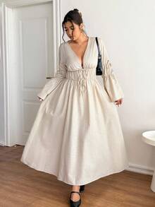 Lounesse 大码女式长袖连衣裙，杏色，休闲日常穿着，时尚度假通勤连衣裙，全新秋冬系列 - 杏色 - 查看 4