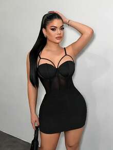 SHEIN SXY Schwarzes Mesh sexy Bustier Bodycon Kleid - Schwarz - Übersicht 6