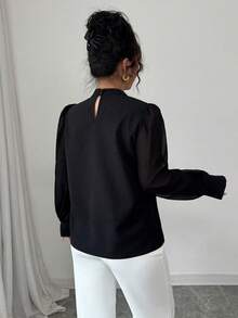 Modelyn 女士加大码黑色水钻镂空泡泡长袖休闲衬衫，秋季款 - 黑色 - 查看 2