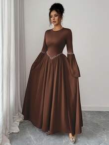 Elenzga Gaun Tamu Pernikahan Elegan , Gaun Wanita Romantis & Anggun - Mocha Brown - View 6