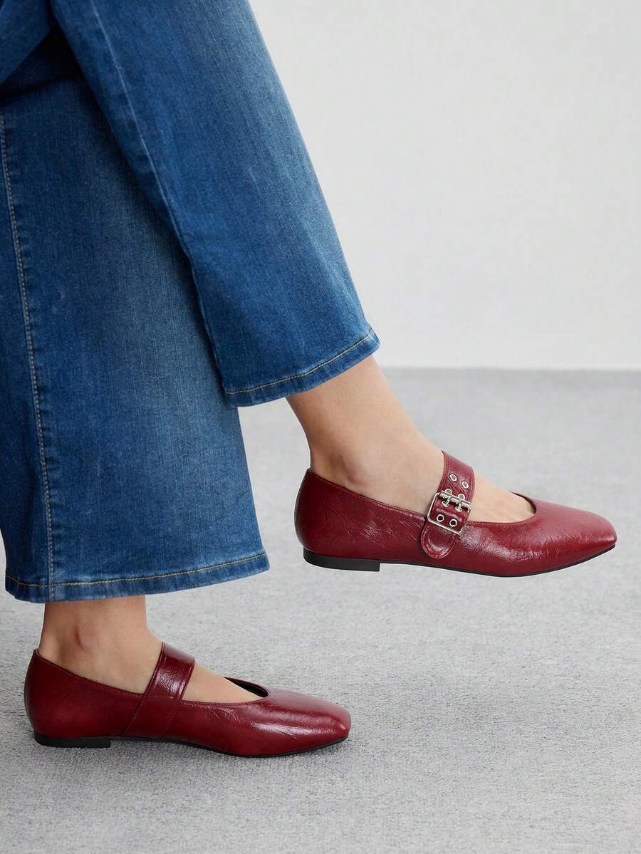 CUCCOO BIZCHIC 女士 Y2K 风格平底鞋，适合朋克、骑行者、酷女孩、万圣节、圣诞节、派对装扮 - 酒紅色 - 查看 1