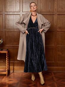 Aalyst 女士优雅高端正式办公通勤休闲婚礼宾客连衣裙，纯色丝绒面料，V领，松紧腰，喇叭下摆，皮带装饰，长袖，及地长裙 - 藏蓝色 - 查看 5