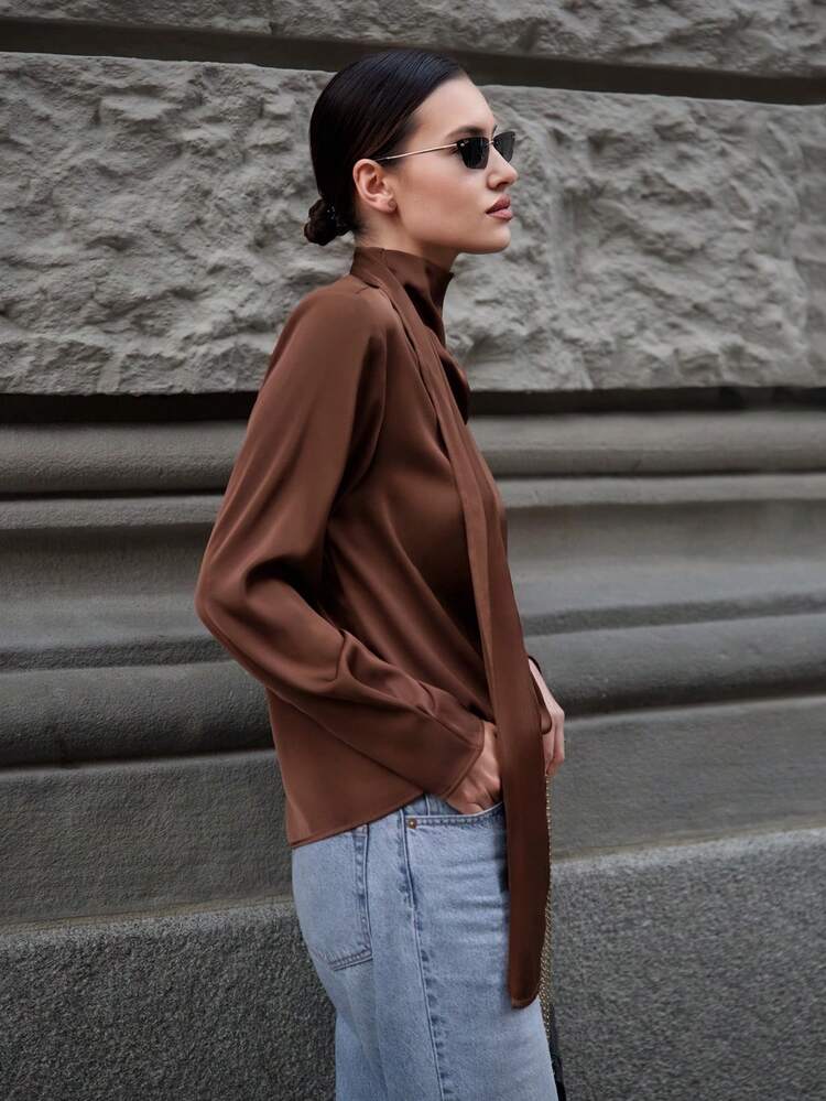 2026SS New Women's Blouse,Coffee Brown,Autumn,Elegent,Office,Asymmetric Stand Collar Satin Shirt,Long Sleeve Hollow Out Loose Elegant Urban Chic Tops