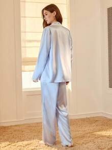 MOTF PREMIUM SATIN CAMI TOP & CONTRAST LACE LONG SLEEVE TOP & PANTS PAJAMA SET - Blue - View 6