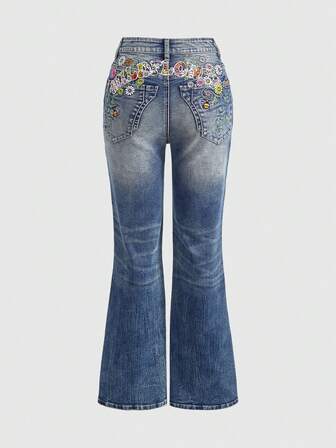 Fairycore Y2K Landhausstil Bestickter Blumen-Applikation Jeans